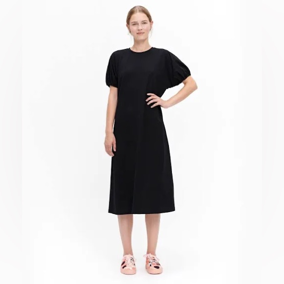 Rare Marimekko Viuhtoa Black Cinched Sleeve Viscose Blend Midi Dress Size S
